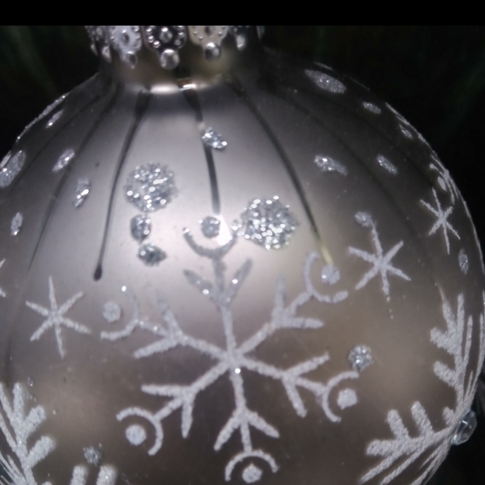 Christmas 7 gray silver 3" handblown ornaments adorned with icing and stones